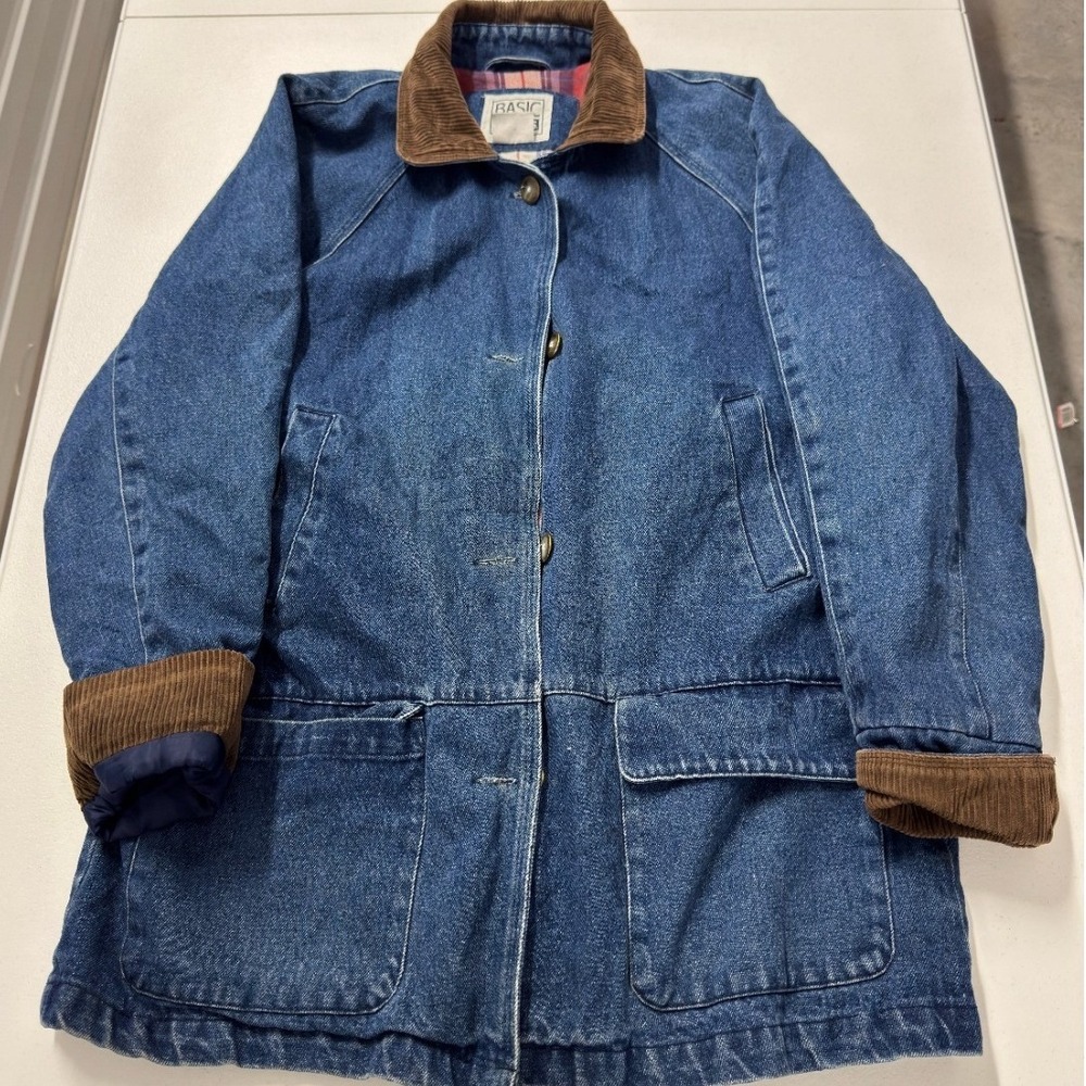 Basic Editions Denim Barn Coat Plaid Flannel Lined Corduroy Collar Blue Small